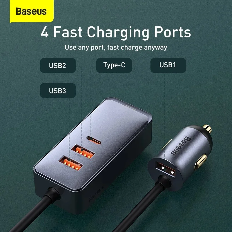 Baseus Share Together PPS Multi-Port Fast Charging Car Charger With Extension Cord 120W 2U+2C