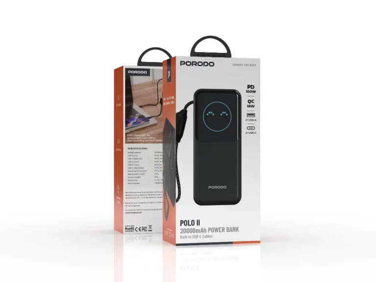 Porodo POLO II 20000mAh POWER BANK Built-in USB-C Cables - Black